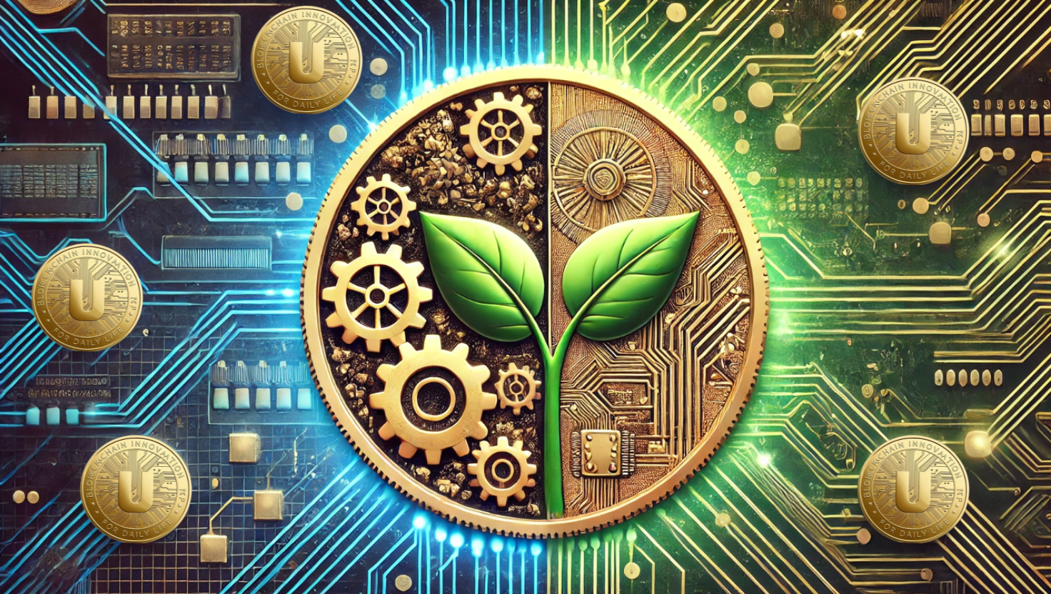 Moneda dorada dividida en dos mitades. La parte izquierda muestra engranajes mecánicos que simbolizan gobernanza y estructura, mientras que la parte derecha muestra una hoja verde que representa el crecimiento y la innovación. El fondo incluye circuitos y nodos blockchain.