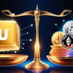 Golden scale balancing the Unybit logo on one side and popular cryptocurrency coins like Bitcoin and Ethereum on the other