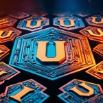 Unybit logos embedded in circuit-like hexagonal patterns, representing blockchain technology with glowing orange and blue hues.