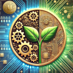 Golden coin split in two halves. The left side shows mechanical gears symbolizing governance and structure, while the right side shows a green leaf representing growth and innovation. The background includes circuits and blockchain nodes.